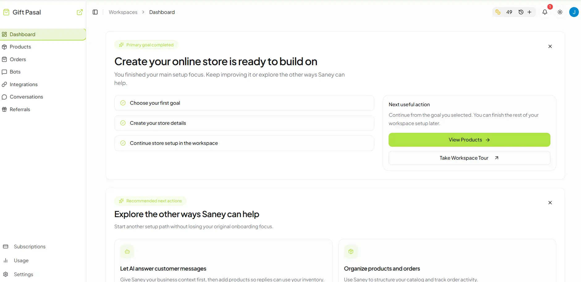Saney dashboard screenshot